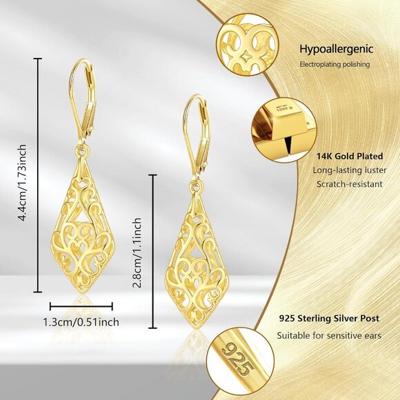 925 Sterling Silver Dangle Earrings for Women 14K Gold Jewelry Special Occasions - Picture 4 of 6